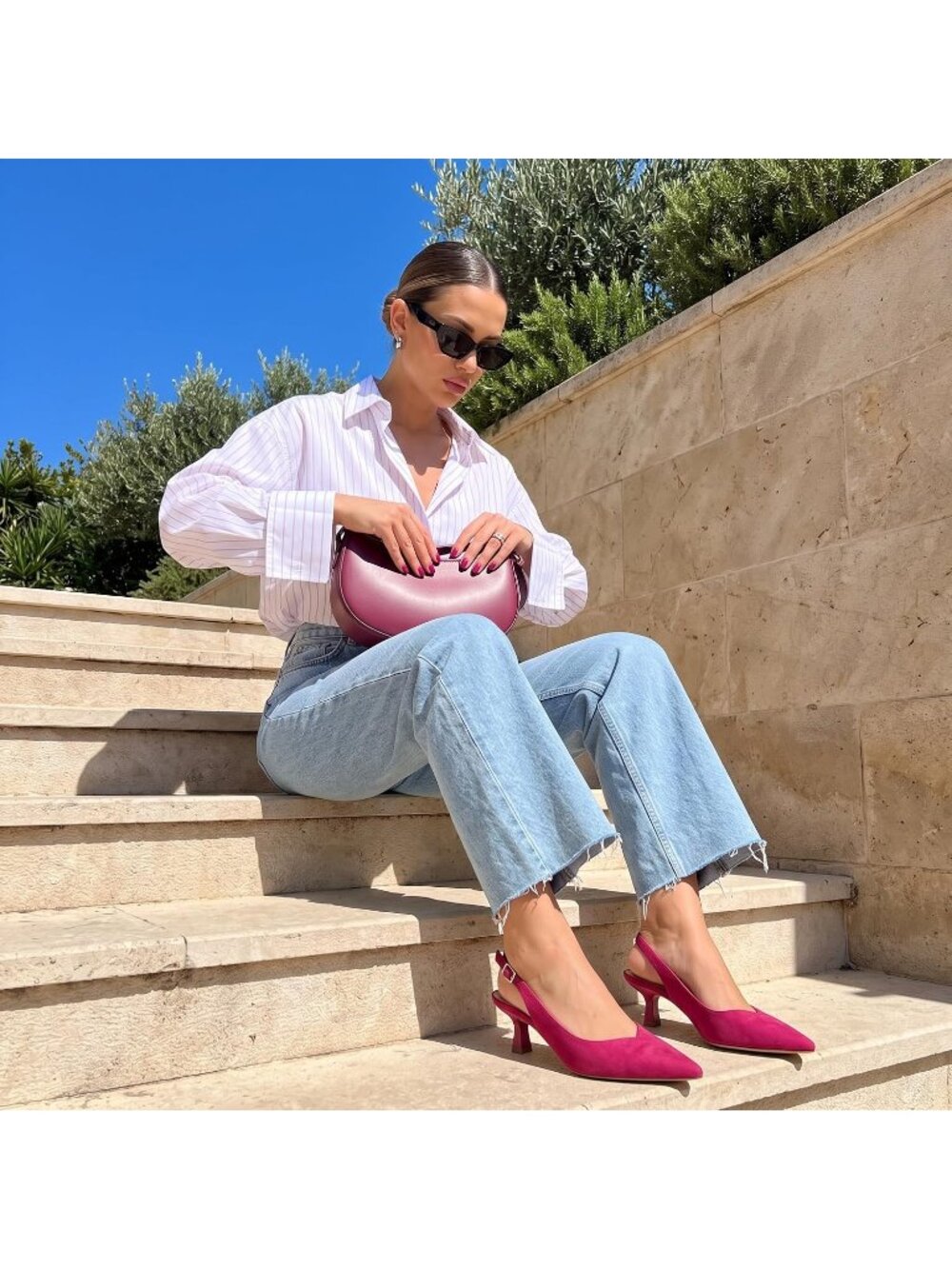 Women's Fuchsia Faux Suede Pointed Toe Pumps Ankle Strap Slingback Kitten Heels - Picture 5 of 7